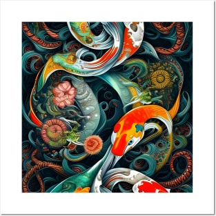 Beautiful Abstract Floral Yin Yang Of Koi Fish Posters and Art